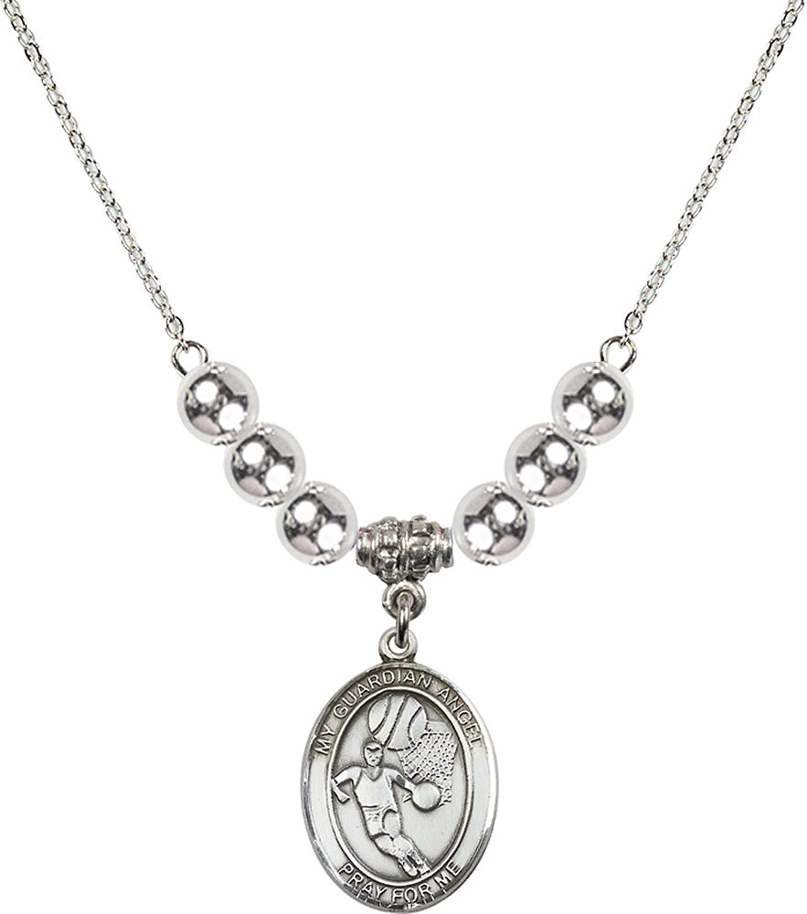 Sterling Silver Guardian Angel/Basketball Birthstone Necklace with Sterling Silver Beads - 8702