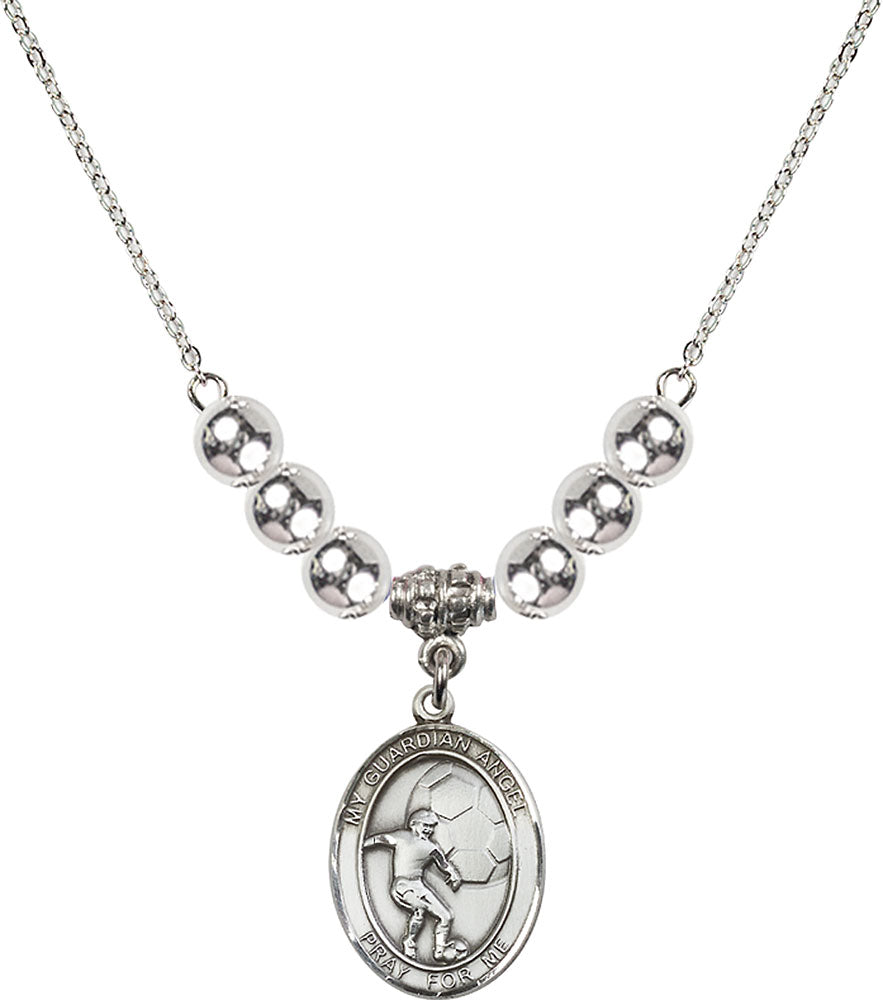 Sterling Silver Guardian Angel/Soccer Birthstone Necklace with Sterling Silver Beads - 8703
