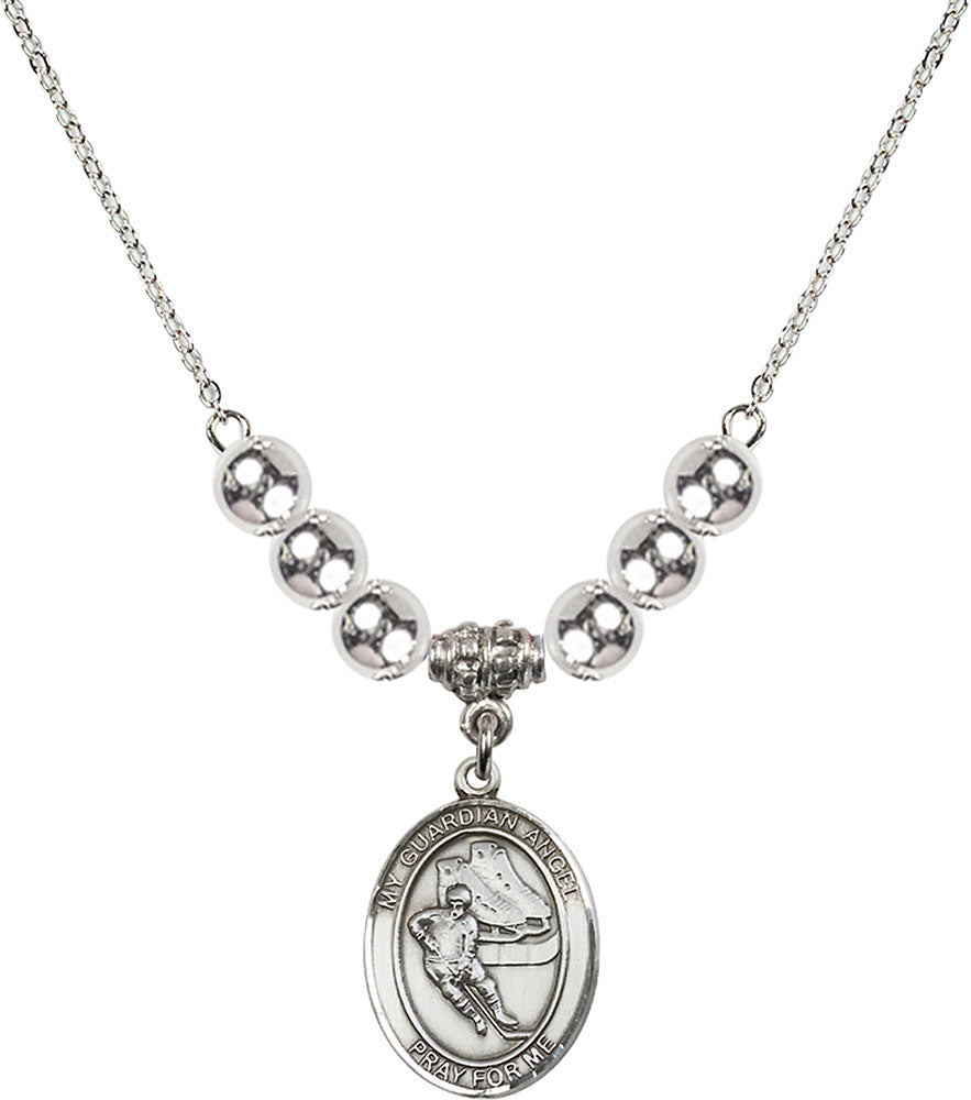 Sterling Silver Guardian Angel/Hockey Birthstone Necklace with Sterling Silver Beads - 8704