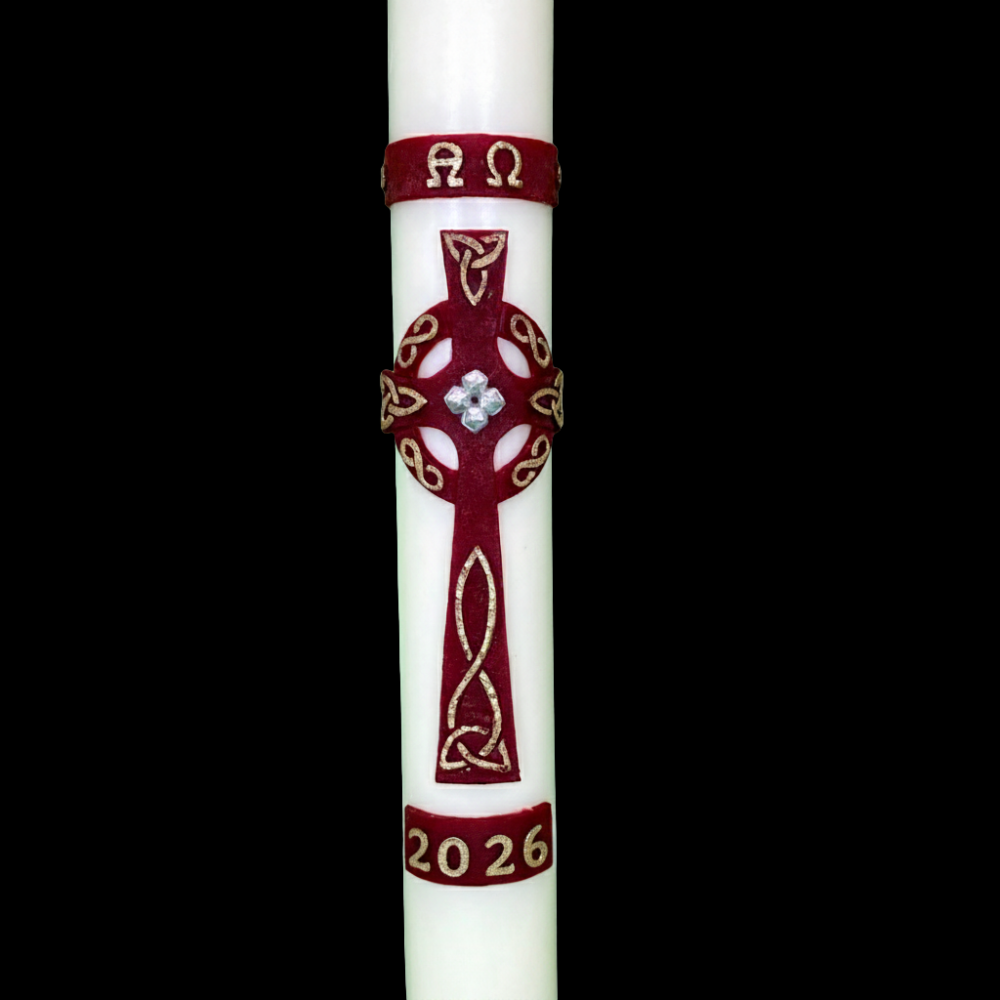 51% Beeswax Red Ornate Celtic Cross Paschal Candle