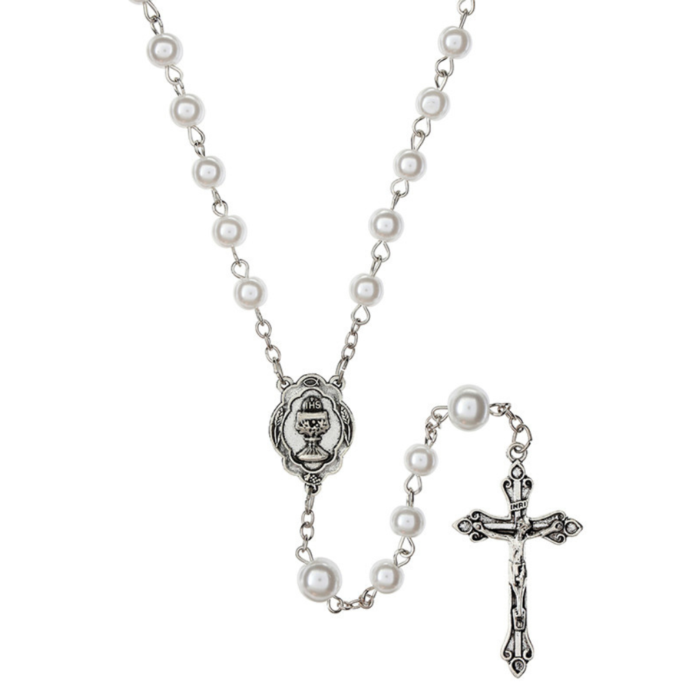 Most Blessed Sacrament First Communion White Pearl Rosary - Pk 12