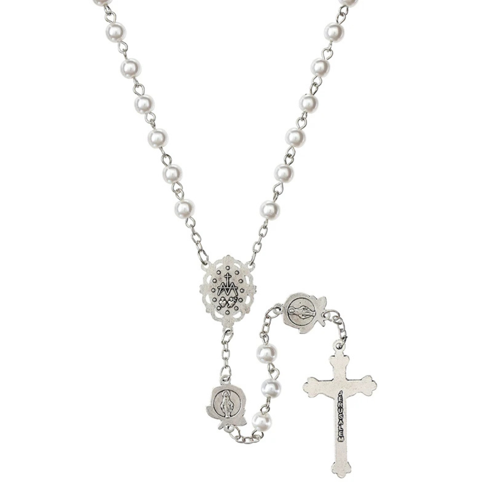 Our Lady of the Miraculous Rose White Pearl Rosary - 10 Pk