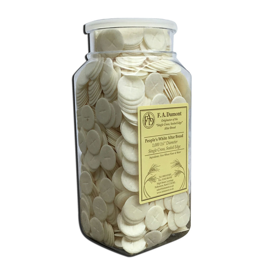1 1/8" People's Single Cross Sealed Edge Altar Bread - Plastic Containers of 1000