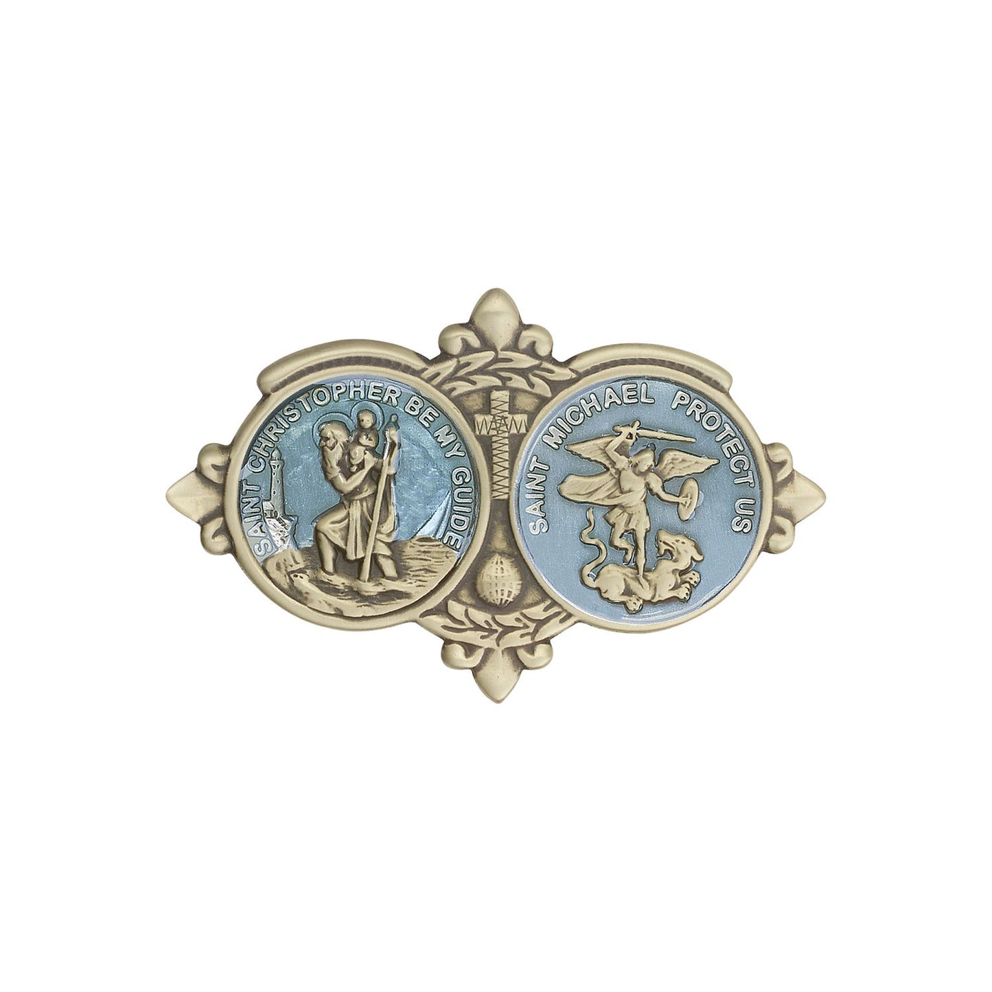 Antique Gold St Christopher / St Michael Visor Clip with Blue Epoxy Finish - 1034EVG