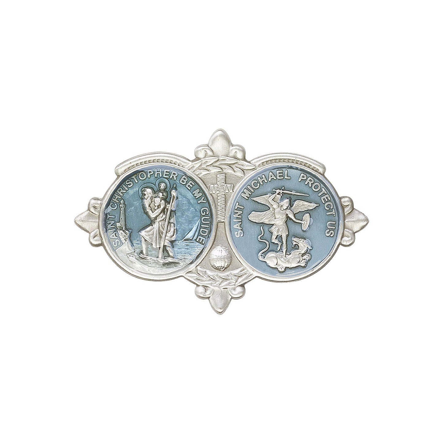 Antique Silver St Christopher / St Michael Visor Clip with Blue Epoxy Finish - 1034EV