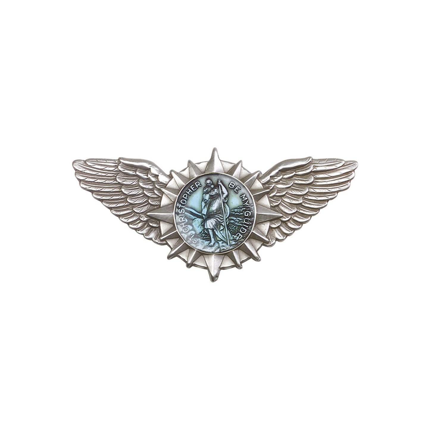 Antique Silver St. Christopher / Wings Visor Clip with Blue Epoxy Finish - 1067EV