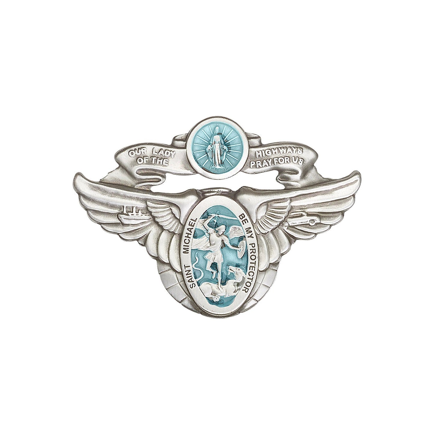 Antique Silver O/L of the Highway / St Michael Visor Clip with Blue Epoxy Finish - 1071EV