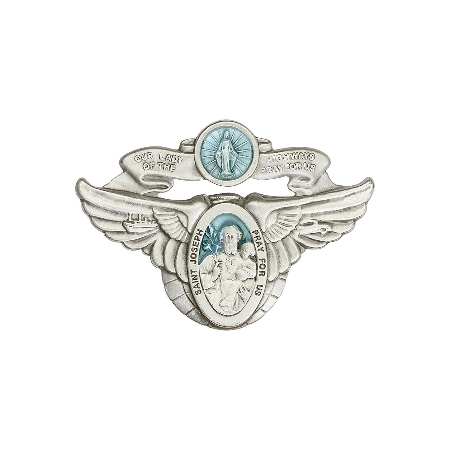 Antique Silver O/L of the Highway/St Joseph Visor Clip with Blue Epoxy Finish - 1091EV