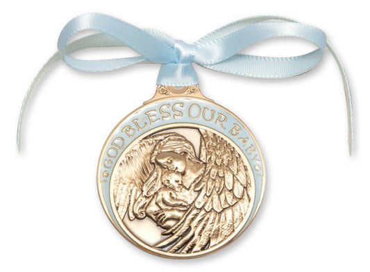 Gold Oxide Baby w/Angel Crib Medal with Blue Ribbon