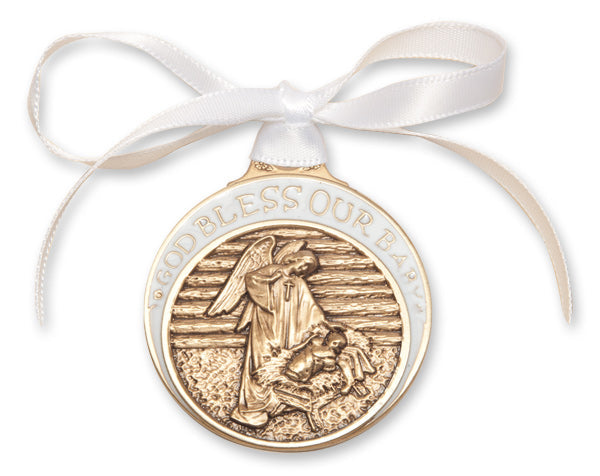 Gold Oxide Baby in Manger Crib Medal with White Ribbon