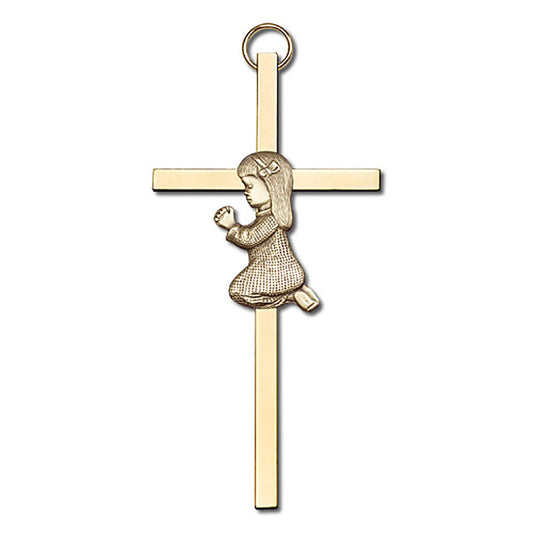 4 inch Antique Gold Praying Girl on a Polished Brass Cross - 4400G/G