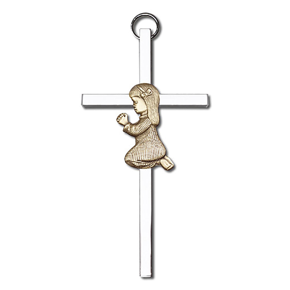 4 inch Antique Gold Praying Girl on a Polished Silver Finish Cross - 4400G/S