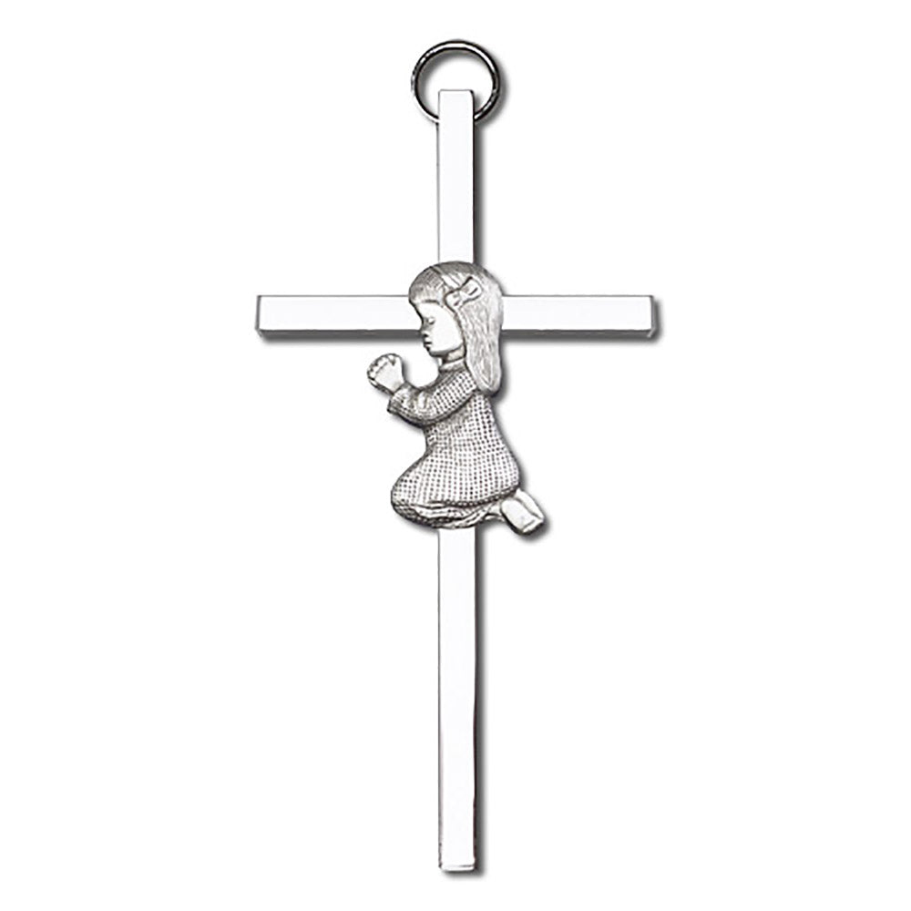4 inch Antique Silver Praying Girl on a Polished Silver Finish Cross - 4400S/S