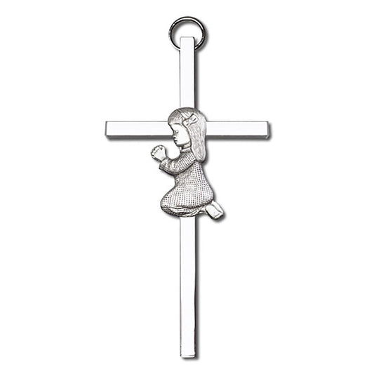 4 inch Antique Silver Praying Girl on a Polished Silver Finish Cross - 4400S/S