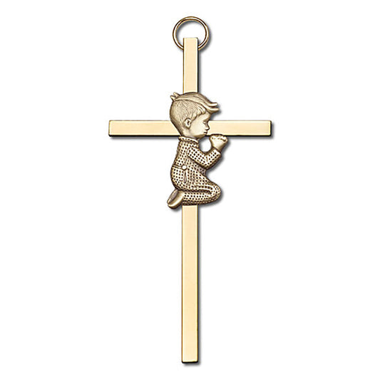 4 inch Antique Gold Praying Boy on a Polished Brass Cross - 4410G/G