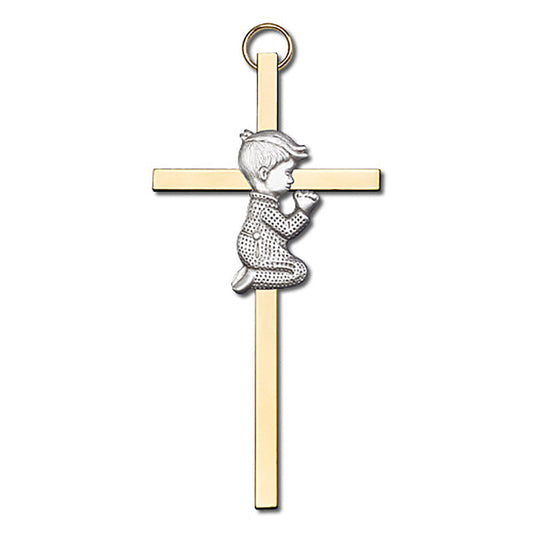 4 inch Antique Silver Praying Boy on a Polished Brass Cross - 4410S/G