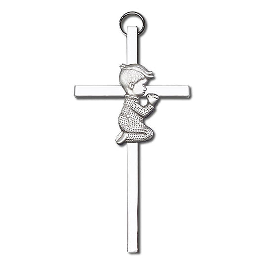 4 inch Antique Silver Praying Boy on a Polished Silver Finish Cross - 4410S/S