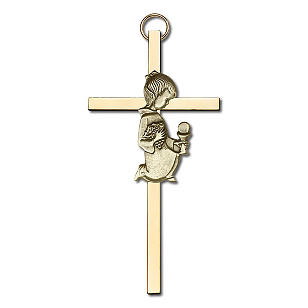 4 inch Antique Gold Communion Girl on a Polished Brass Cross - 4420G/G