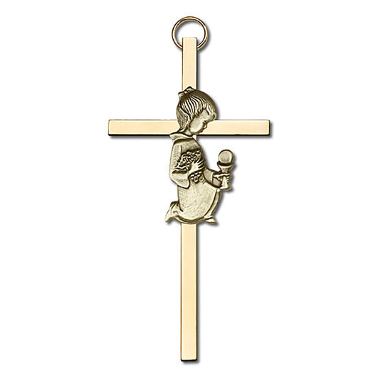 4 inch Antique Gold Communion Girl on a Polished Brass Cross - 4420G/G
