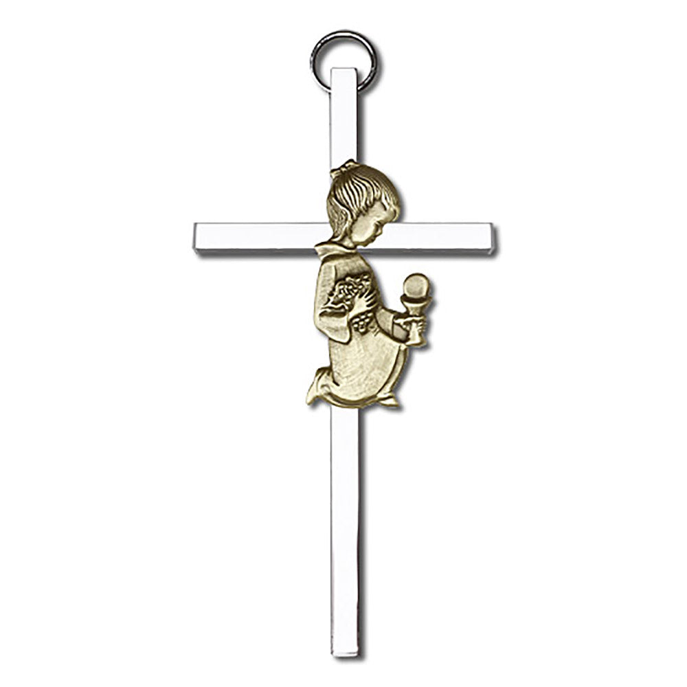 4 inch Antique Gold Communion Girl on a Polished Silver Finish Cross - 4420G/S