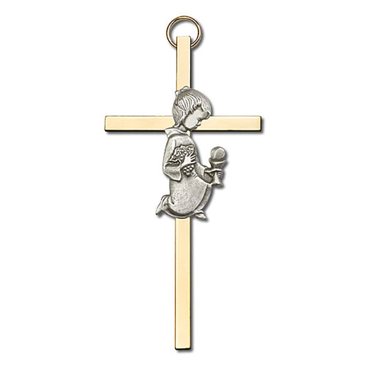 4 inch Antique Silver Communion Girl on a Polished Brass Cross - 4420S/G