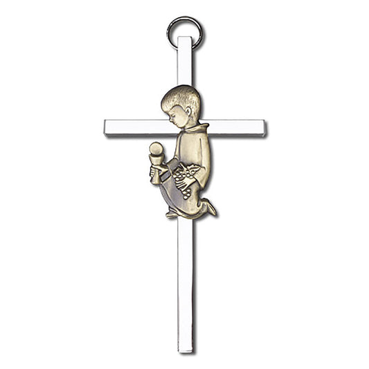 4 inch Antique Gold Communion Boy on a Polished Silver Finish Cross - 4430G/S