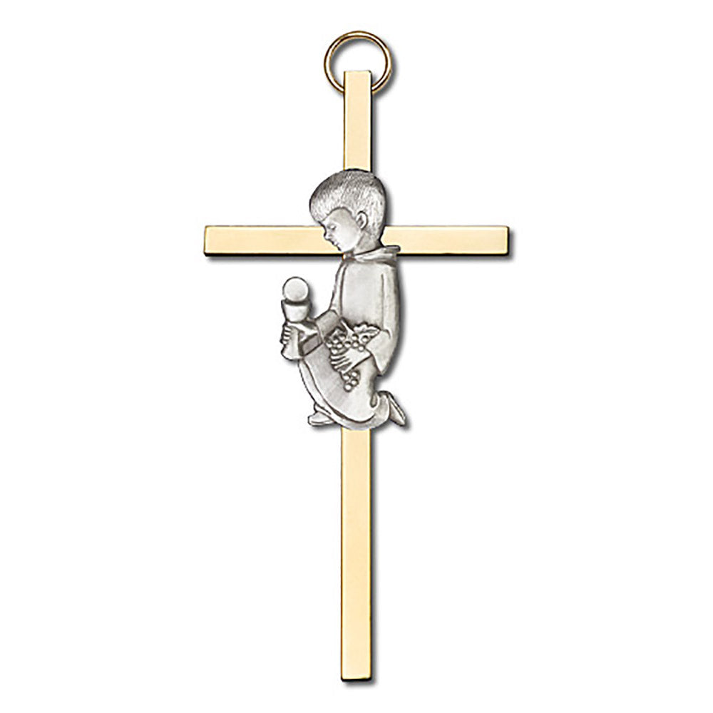 4 inch Antique Silver Communion Boy on a Polished Brass Cross - 4430S/G