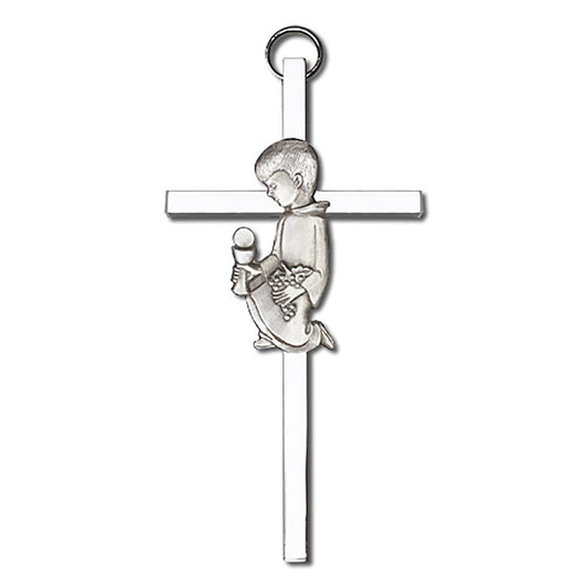 4 inch Antique Silver Communion Boy on a Polished Silver Finish Cross - 4430S/S