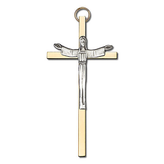 4 inch Antique Silver Risen Christ on a Polished Brass Cross - 4465S/G