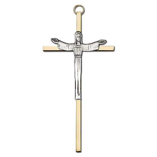 6 inch Antique Silver Risen Christ on a Polished Brass Cross - 4565S/G