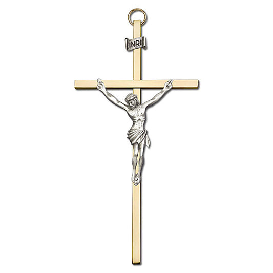 6 inch Antique Silver Crucifix on a Polished Brass Cross - 4580S/G