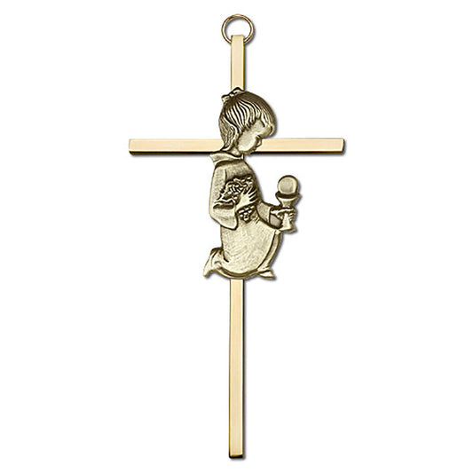 6 inch Antique Gold Communion Girl on a Polished Brass Cross - 4630G/G
