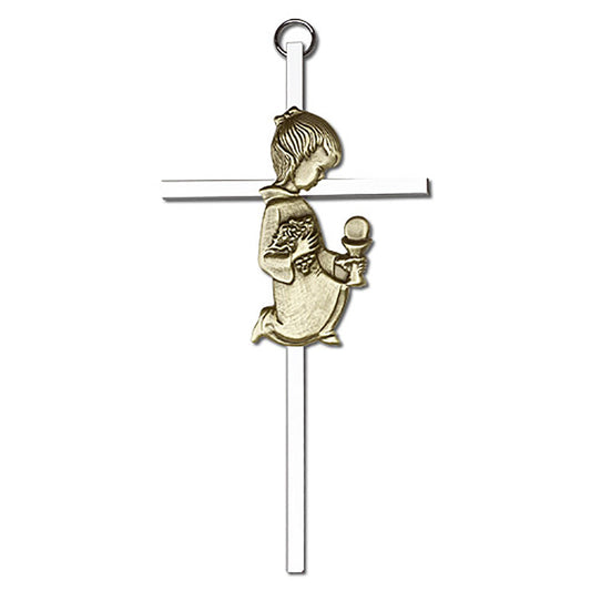 6 inch Antique Gold Communion Girl on a Polished Silver Finish Cross - 4630G/S