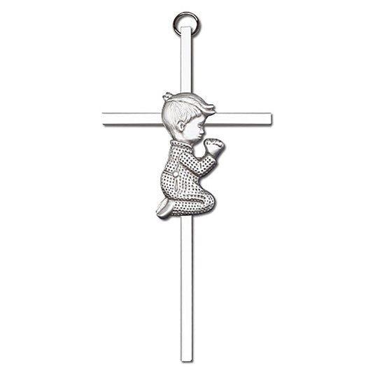 6 inch Antique Silver Praying Boy on a Polished Silver Finish Cross - 4660S/S
