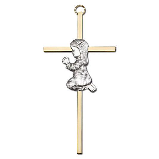 6 inch Antique Silver Praying Girl on a Polished Brass Cross - 4690S/G