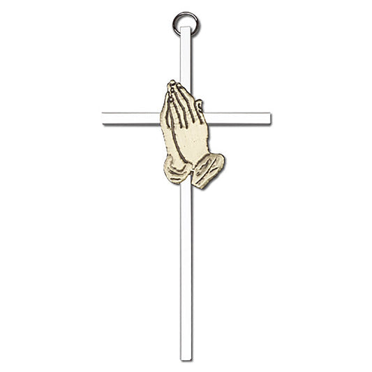 6 inch Antique Gold Praying Hands on a Polished Silver Finish Cross - 4691G/S