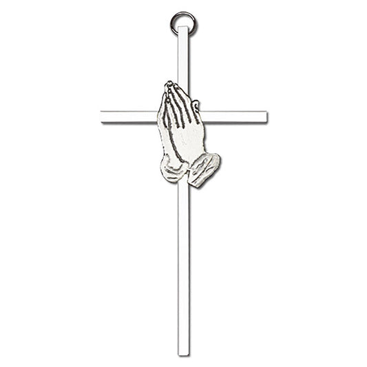 6 inch Antique Silver Praying Hands on a Polished Silver Finish Cross - 4691S/S