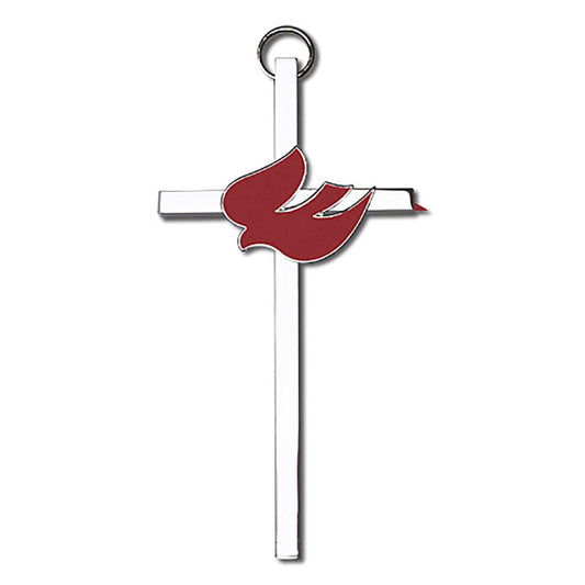 4 inch Polished Silver Finish Red Enamel Holy Spirit on a Polished Silver Finish Cross - 4810S/S