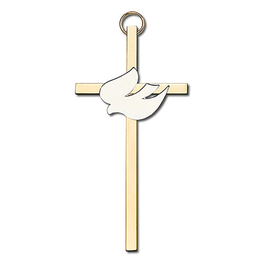 4 inch Polished Brass White Enamel Holy Spirit on a Polished Brass Cross - 4811G/G