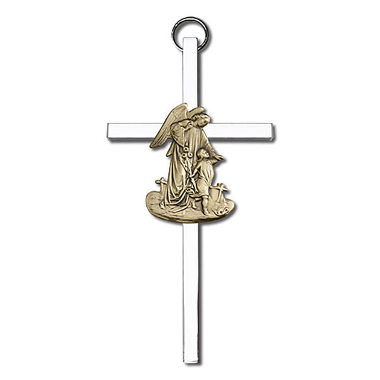 4 inch Antique Gold Guardian Angel on a Polished Silver Finish Cross - 4825G/S