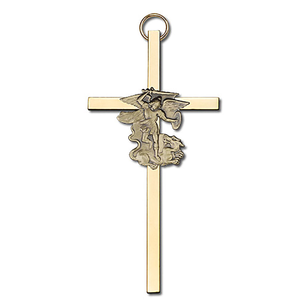 4 inch Antique Gold St. Michael on a Polished Brass Cross - 4845G/G