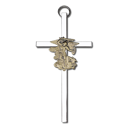 4 inch Antique Gold St. Michael on a Polished Silver Finish Cross - 4845G/S