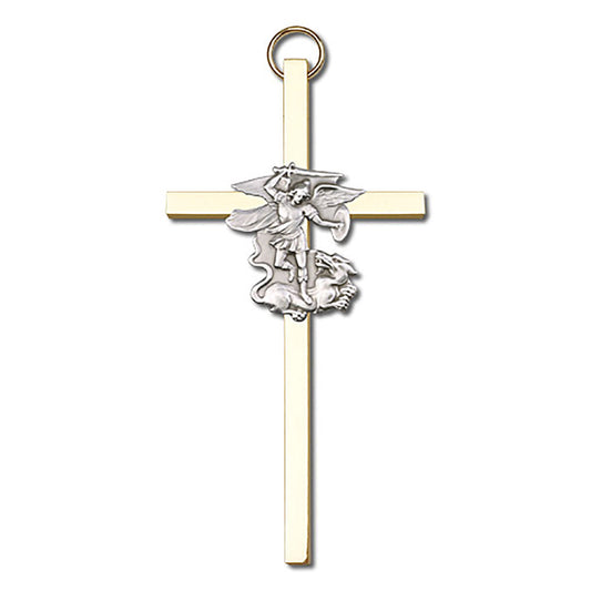 4 inch Antique Silver St. Michael on a Polished Brass Cross - 4845S/G