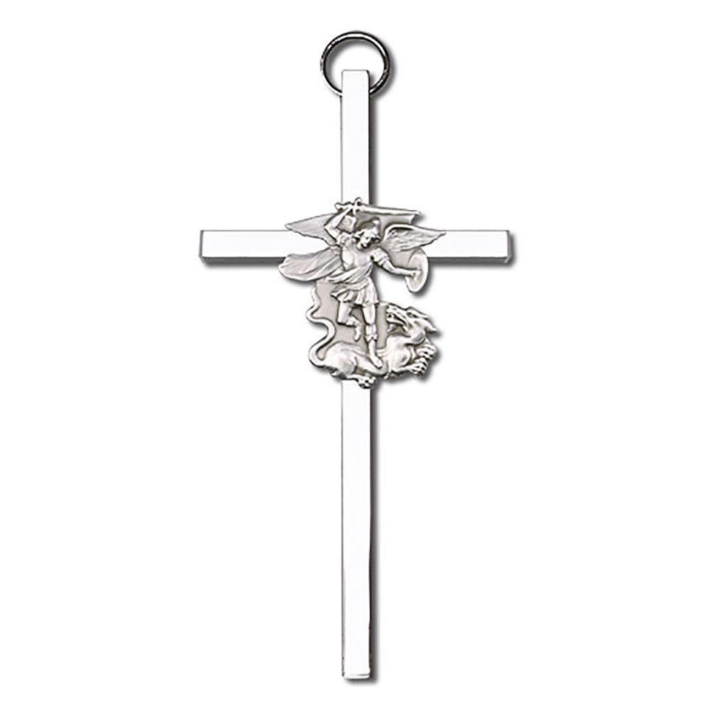 4 inch Antique Silver St. Michael on a Polished Silver Finish Cross - 4845S/S