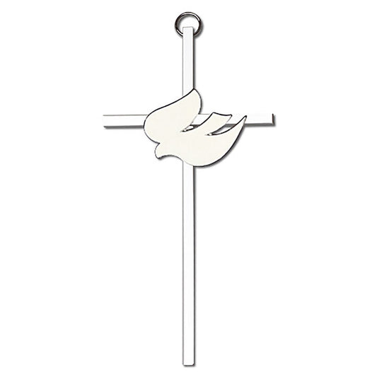 6 inch Polished Silver Finish White Enamel Holy Spirit on a Polished Silver Finish Cross - 4911S/S