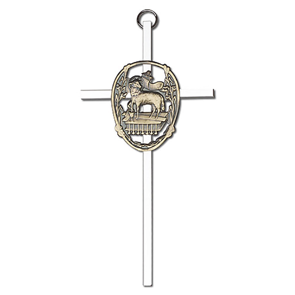 6 inch Antique Gold Lamb of God on a Polished Silver Finish Cross - 4915G/S