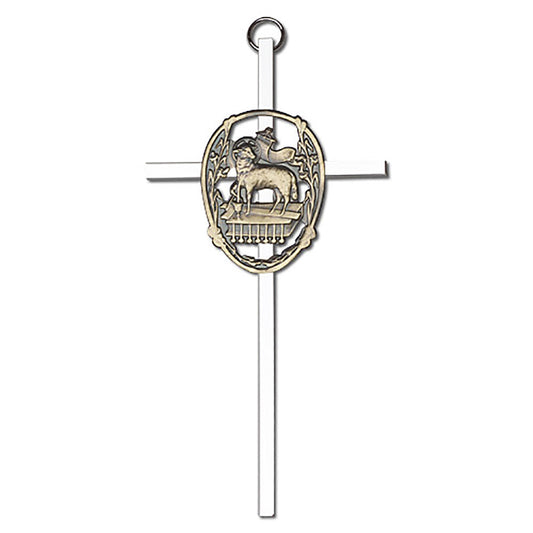6 inch Antique Gold Lamb of God on a Polished Silver Finish Cross - 4915G/S