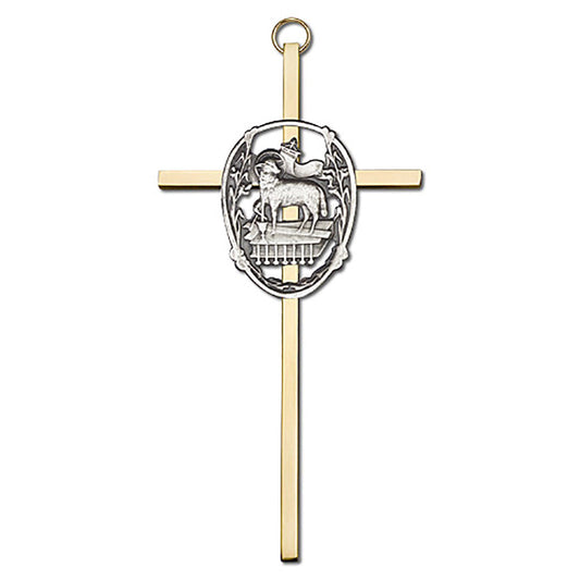 6 inch Antique Gold Lamb of God on a Polished Brass Cross - 4915G/G