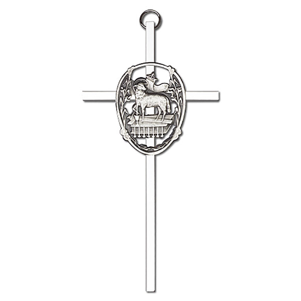 6 inch Antique Silver Lamb of God on a Polished Silver Finish Cross - 4915S/S