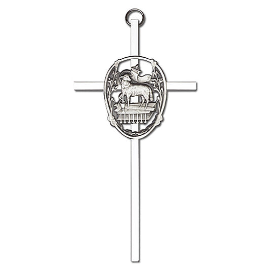 6 inch Antique Silver Lamb of God on a Polished Silver Finish Cross - 4915S/S